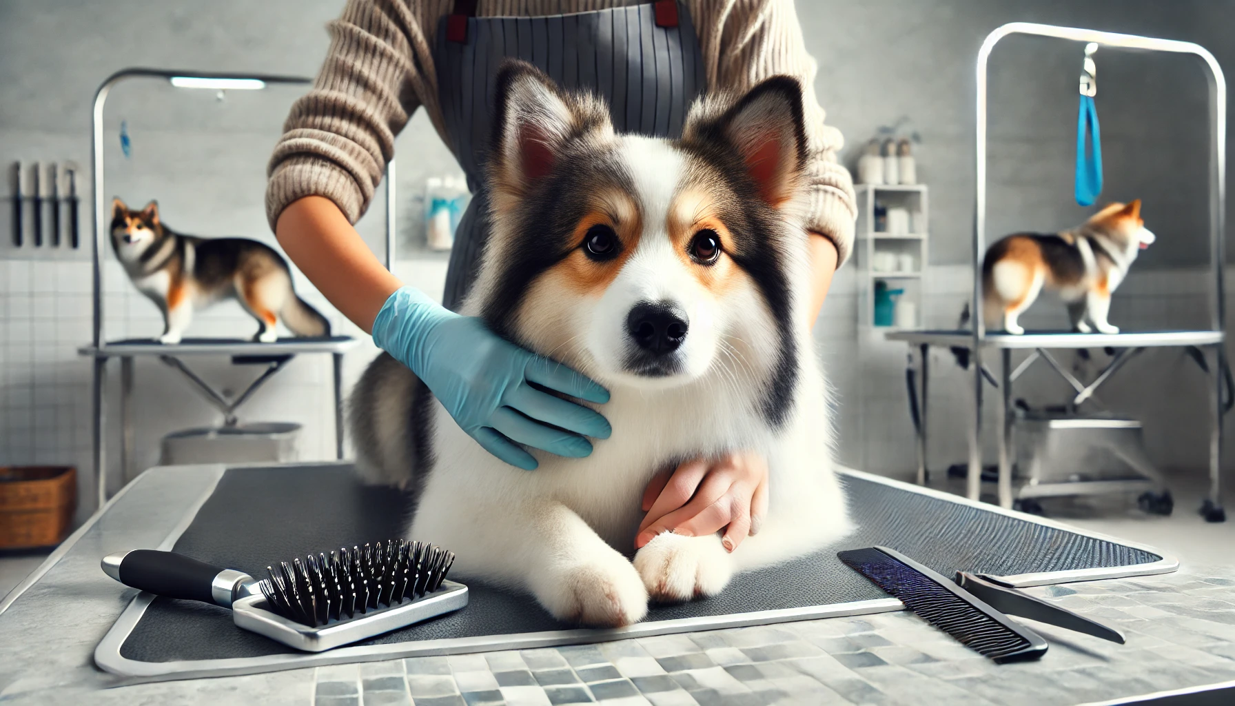 강아지가 전문가에게 편안하게 미용을 받고 있는 장면