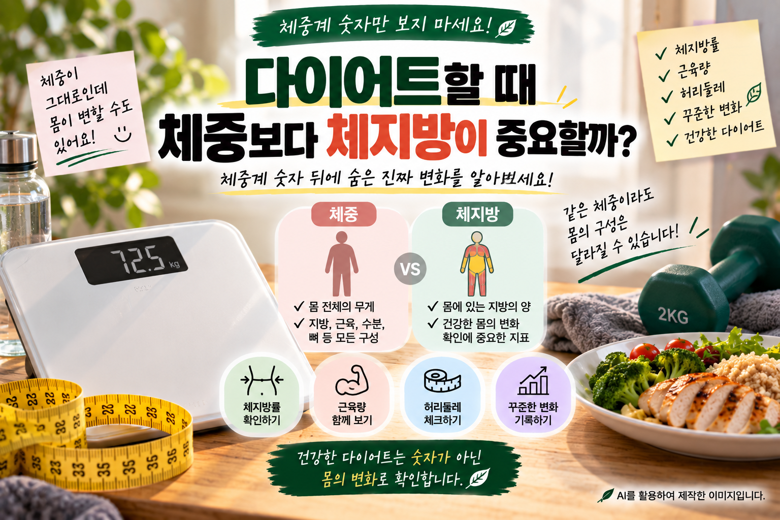 다이어트할 때 체중과 체지방의 차이와 체성분 변화를 설명하는 이미지