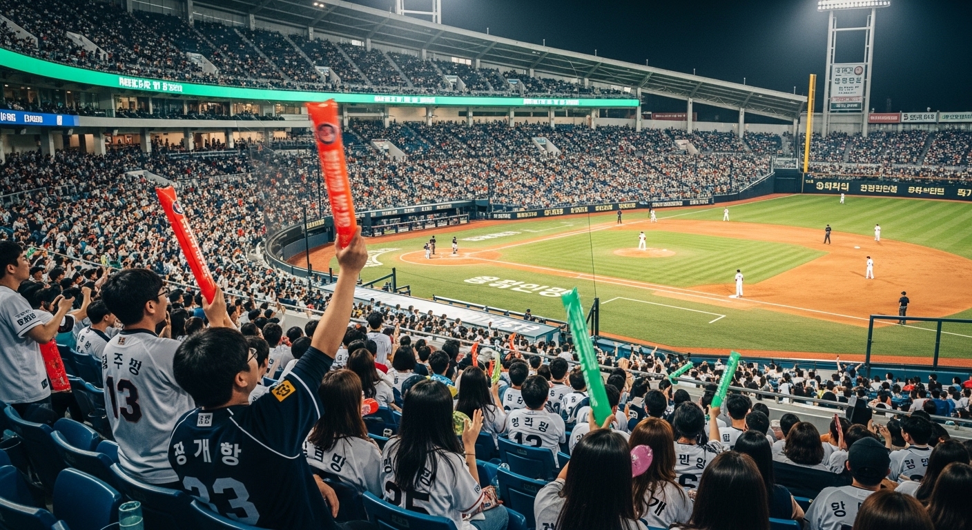 수많은 팬들로 가득 찬 한국 야구장의 활기찬 풍경, 응원봉을 흔들며 열정적으로 응원하는 모습.