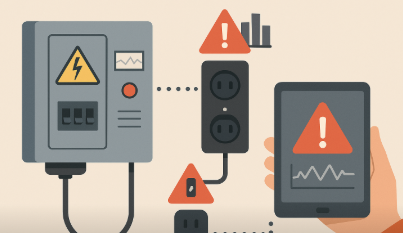 전력 과부하 방지 장치의 구조를 보여주는 평면 일러스트로, 전기 제어 패널과 콘센트, 경고 표시, 스마트폰 알림 화면이 연결되어 전류 과부하 상황을 시각적으로 표현함