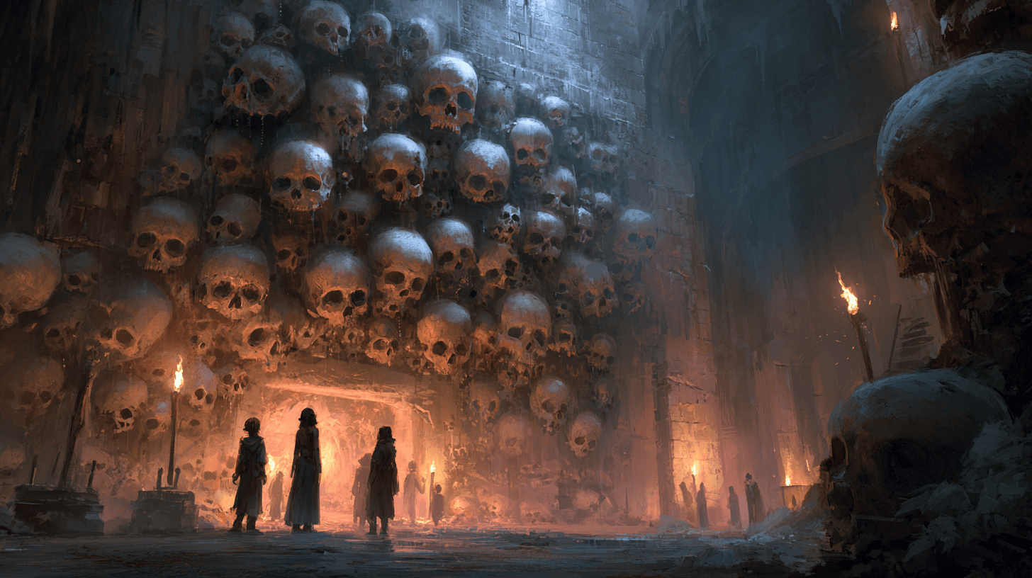 해골로-장식된-신전에-서-있는-사람들