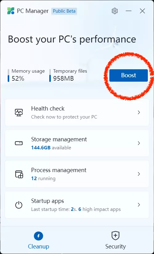 마이크로소프트 (Microsoft) PC Manager Boost 실행