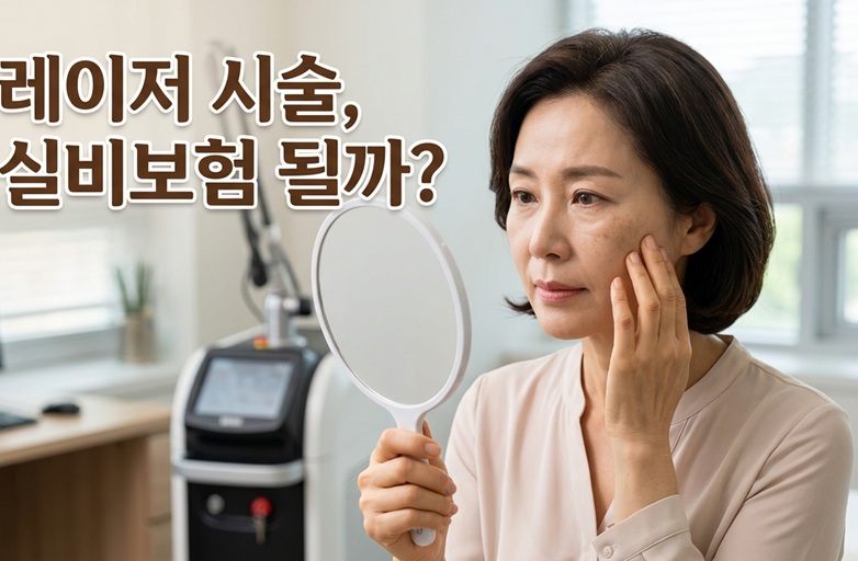 피부과 대기실에서 50대 여성이 거울을 보며 기미 잡티 레이저 시술의 실비보험 적용 여부를 고민하는 모습. 레이저 시술 실비보험 적용 기준 총정리.