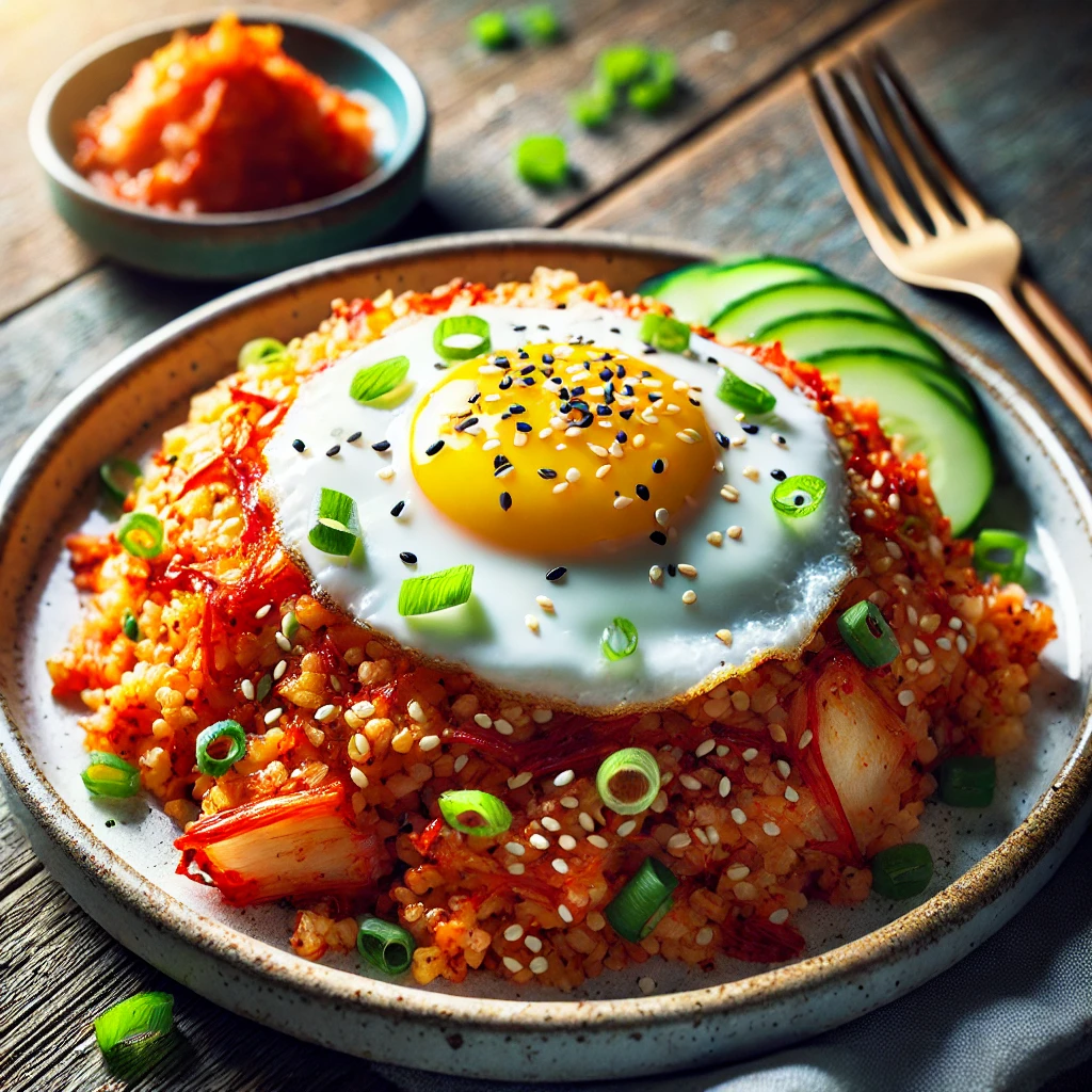 계란 프라이와 참깨 토핑이 얹어진 매콤한 김치볶음밥 이미지