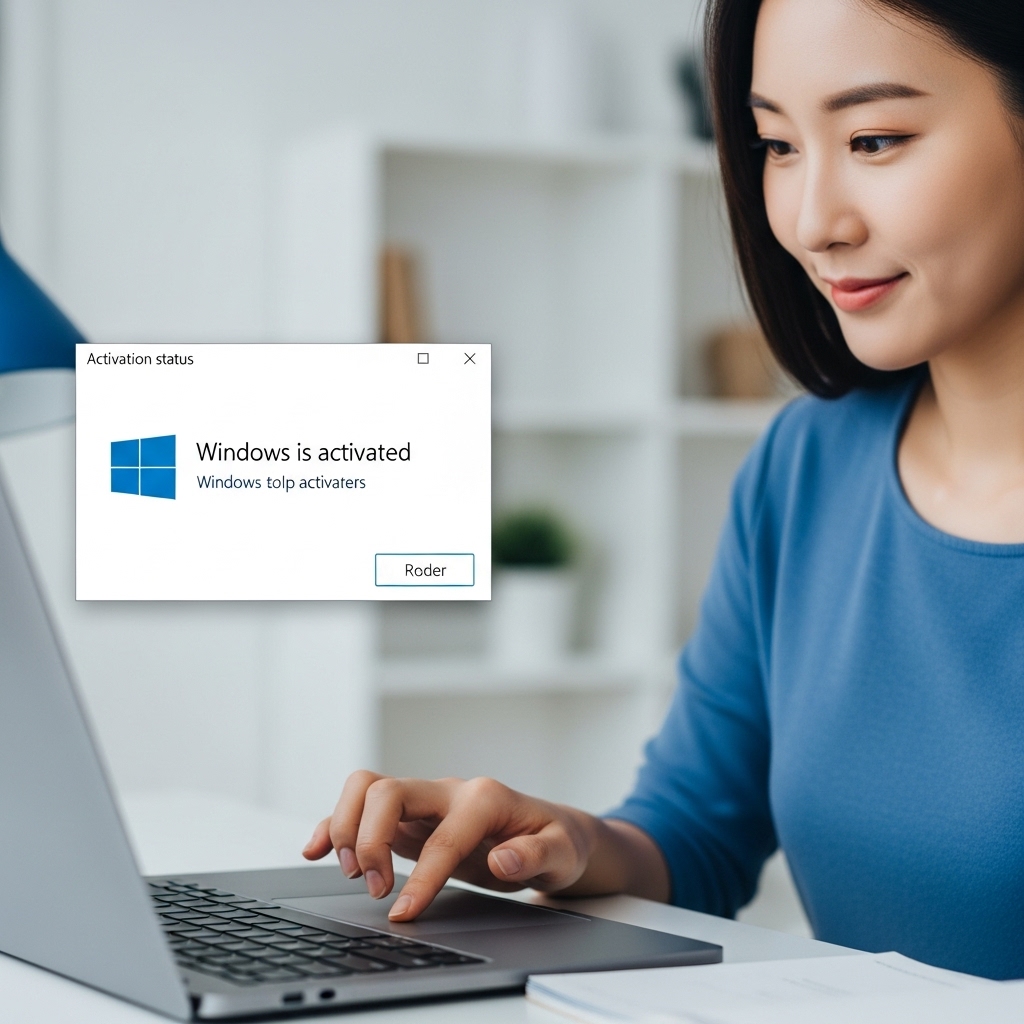 모던한 홈 오피스에서 윈도우 10 정품 인증 상태를 확인하며 만족해하는 젊은 한국 여성의 모습.