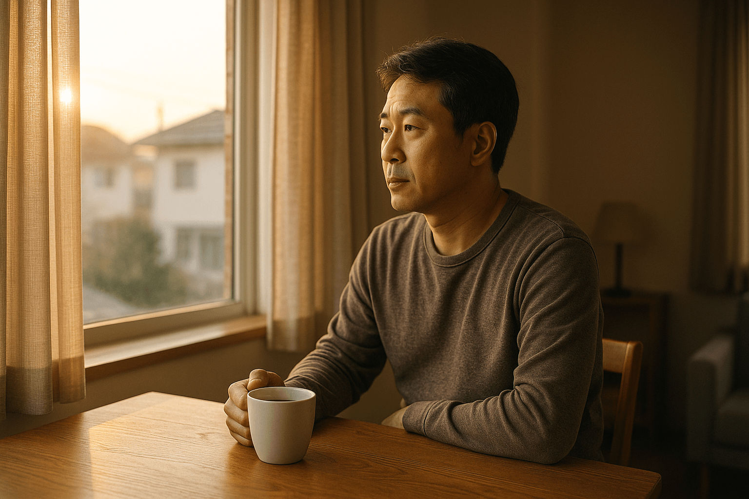 아침 햇살이 드는 창가에서 머그컵을 들고 생각에 잠긴 40대 한국 남성