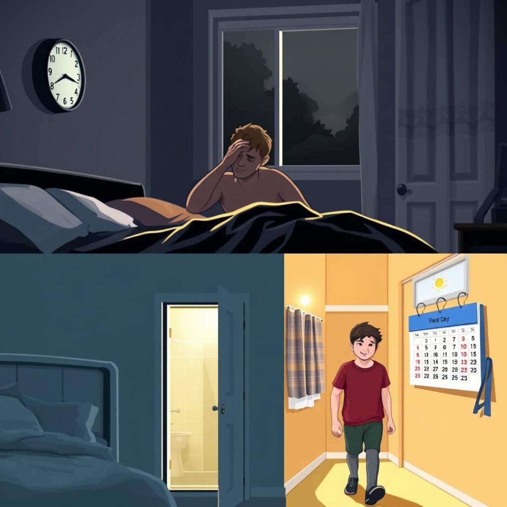 당뇨병의 대표적인 증상 중 하나인 다뇨를 시각적으로 표현합니다. 밤에도 여러 번 깨어 화장실에 가는 모습이나, 낮 동안에도 빈번하게 화장실을 찾는 모습을 담아 독자의 공감을 얻을 수 있습니다.