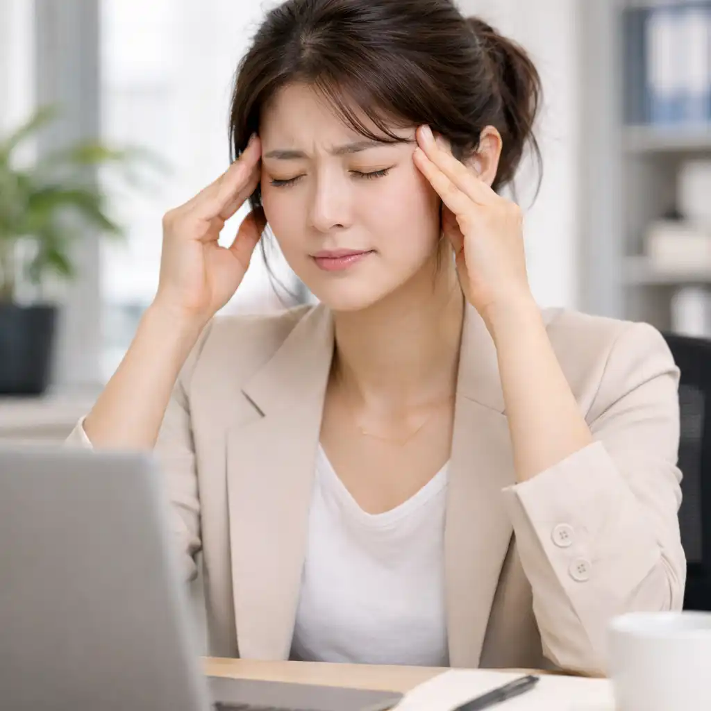 머리아플 때 관자놀이를 누르며 두통 완화를 시도하는 여성 모습