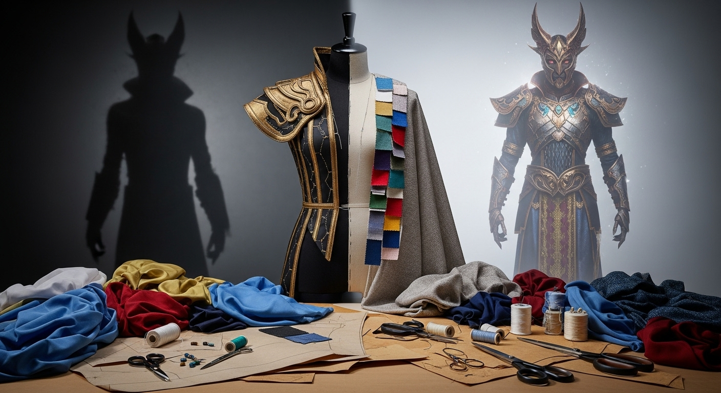 의상을 통해 캐릭터를 창조하는 과정'을 상징적으로 보여주는 이미지