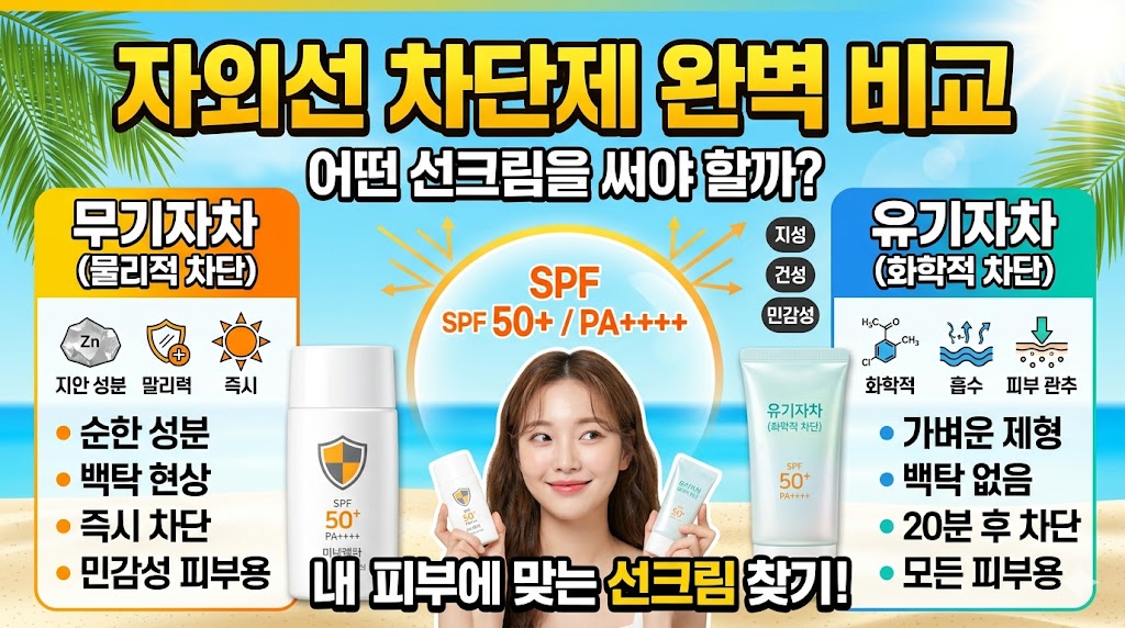 내 피부 망치는 주범! 자외선 차단제 종류 및 똑똑한 선크림 선택 가이드 (무기자차 유기자차 비교)