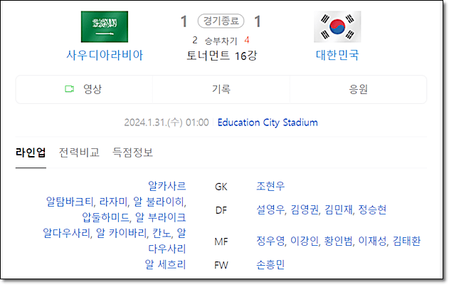 대한민국 vs 사우디아라비아 경기결과