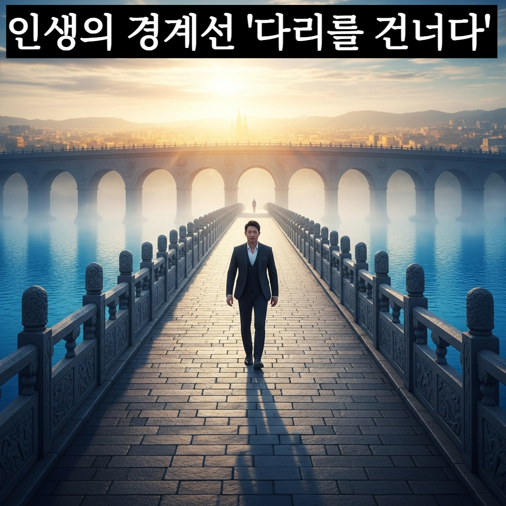 푸른 강 위로 길게 뻗은 튼튼한 석조 다리를 한 한국인 리더가 자신감 넘치는 발걸음으로 건너고 있는 장엄하고 풍요로운 분위기의 일러스트