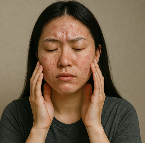 피부 트러블로 힘들어 하는 여성