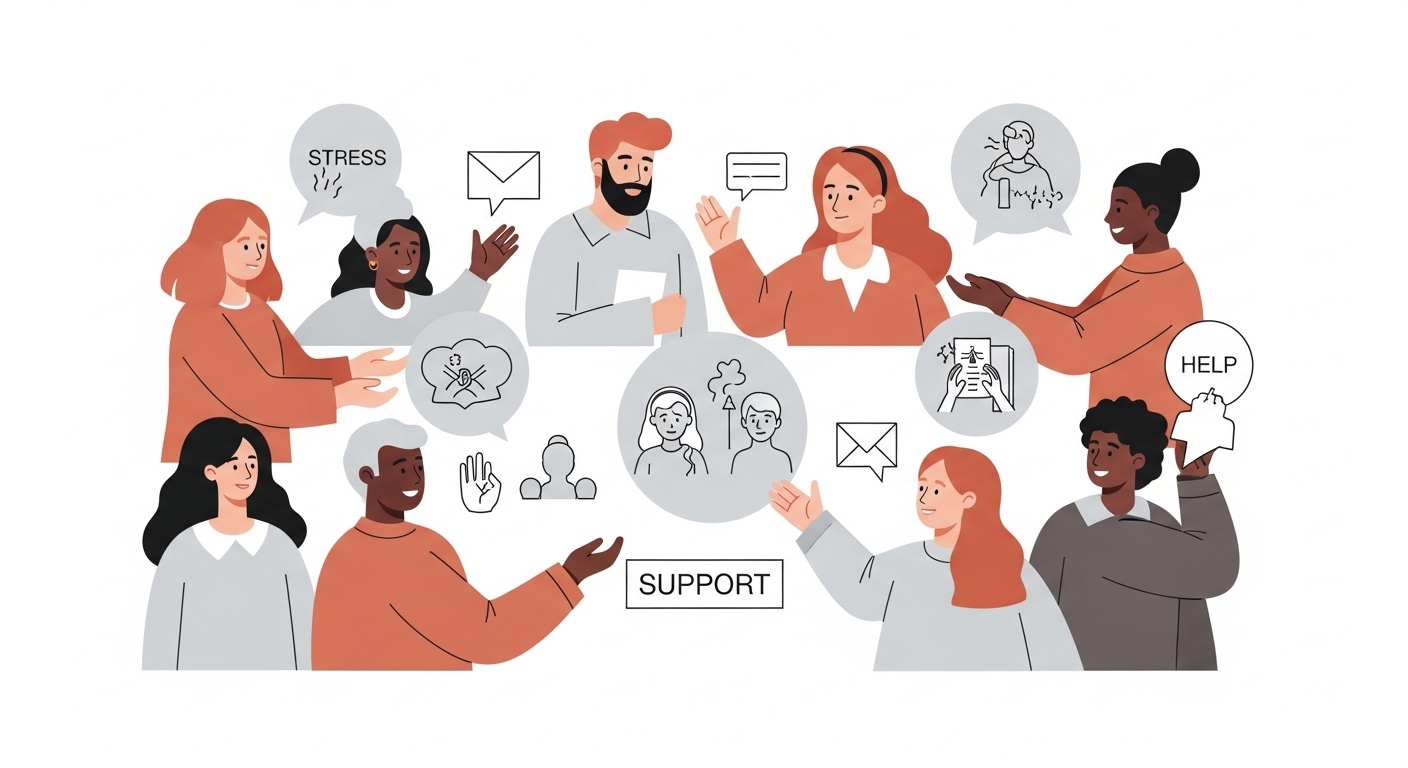다양한 사람들이 정신 건강 지원을 받는 모습을 표현한 인포그래픽. 심리상담 바우처의 포괄적인 지원을 상징합니다.