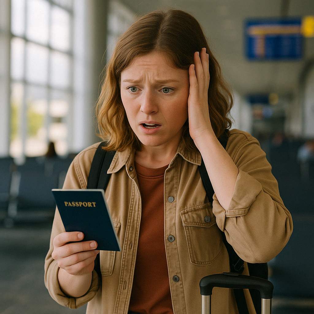 공항에서 여권을 잃고 당황하는 여행자