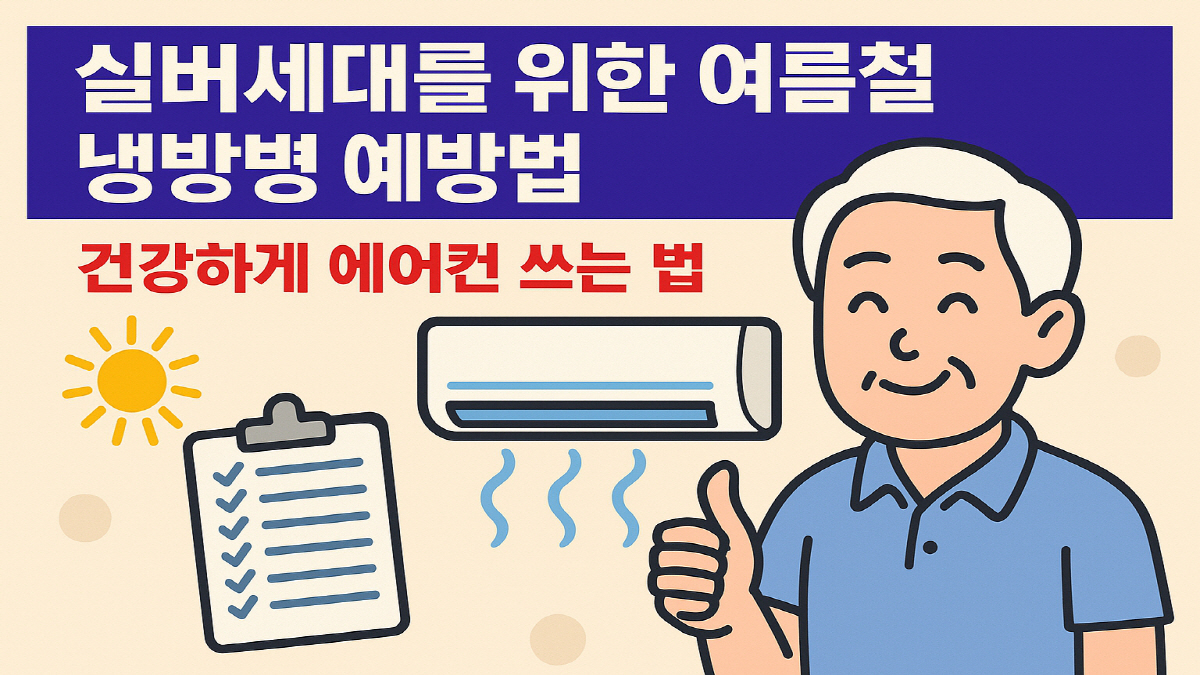실버세대를 위한 여름철 냉방병 예방법을 설명하는 일러스트 – 건강하게 에어컨 사용하는 모습