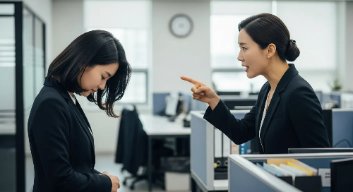사무실에서 직장 상사에게 혼나고 있는 모습