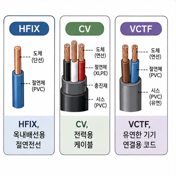 HFIX는 옥내배선용 절연전선, CV는 전력용 케이블, VCTF는 유연성이 필요한 전기기기 연결용 코드라는 차이를 비교한 그림