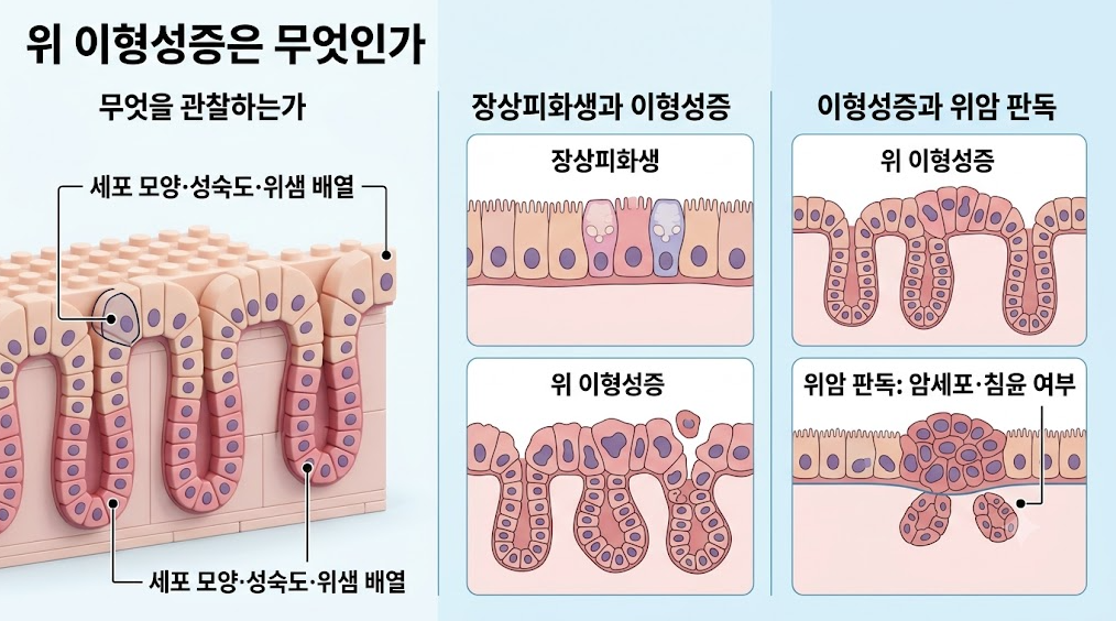 위 이형성증에서 세포 모양&middot;성숙도&middot;위샘 배열을 관찰하는 조직 변화와 위암 판단 기준 비교 이미지