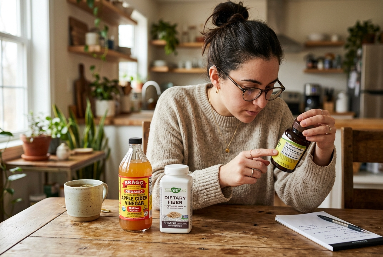 애플사이다비니거, 식이섬유, 바나바잎 추출물 영양제의 성분표를 꼼꼼히 비교하는 모습