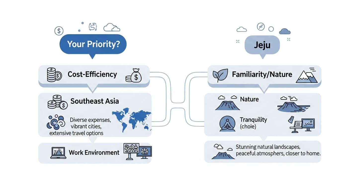 제주와 동남아 워케이션 중 선택을 돕는 의사결정 흐름도 인포그래픽.