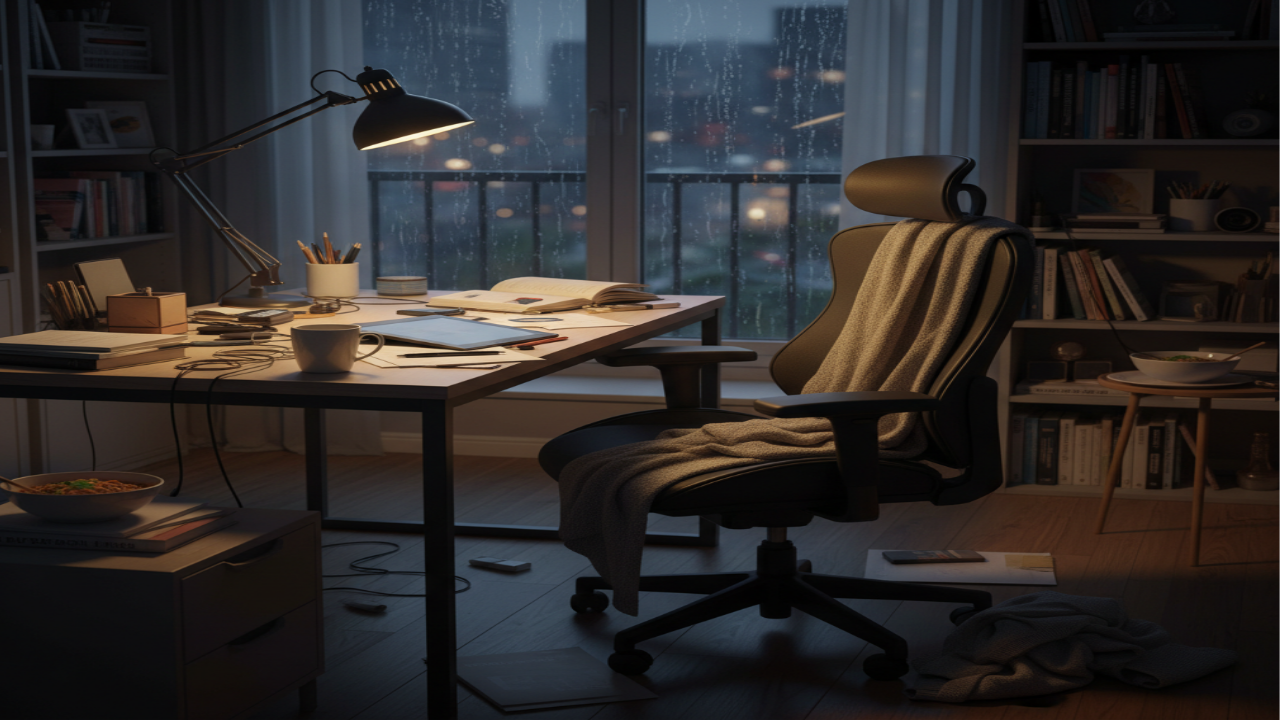 저녁 시간대 집 안 작업 공간, 하루를 마쳤지만 여전히 피곤한 분위기의 실내 모습