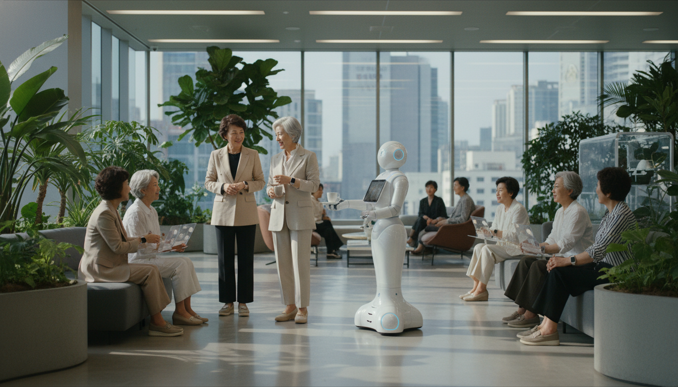 2026년 서울의 미래지향적인 시니어 라운지 전경. 스마트 워치와 세련된 캐주얼 패션을 착용한 6070 한국인 시니어들이 통유리로 된 햇살 가득한 공간에서 사교 활동을 하고 있다. 실내는 식물로 가득하며, 한 시니어가 커피를 서빙하는 세련된 흰색 서비스 로봇과 상호작용하고 있다. 활기차고 고급스러우며 첨단 기술이 녹아든 '액티브 시니어'의 라이프스타일을 상징하는 고해상도, 사실적인 조명과 심도.