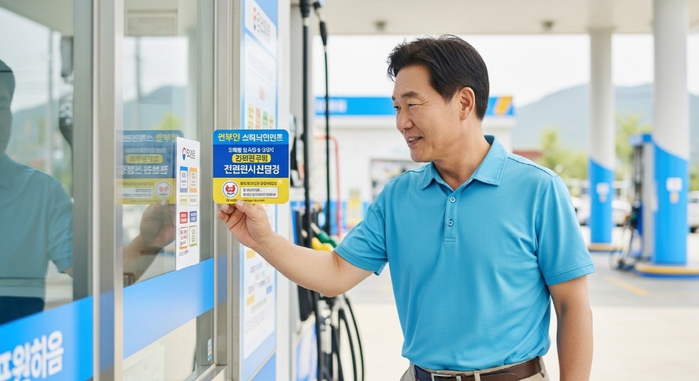 주유소 입구에 붙은 가맹점 스티커를 보는 남성