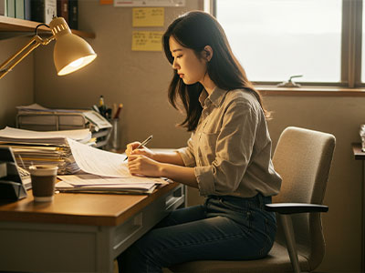 조용한 사무실에서 문서 작업 중인 젊은 여성, 따뜻한 조명 아래 책상에서 집중하고 있는 장면