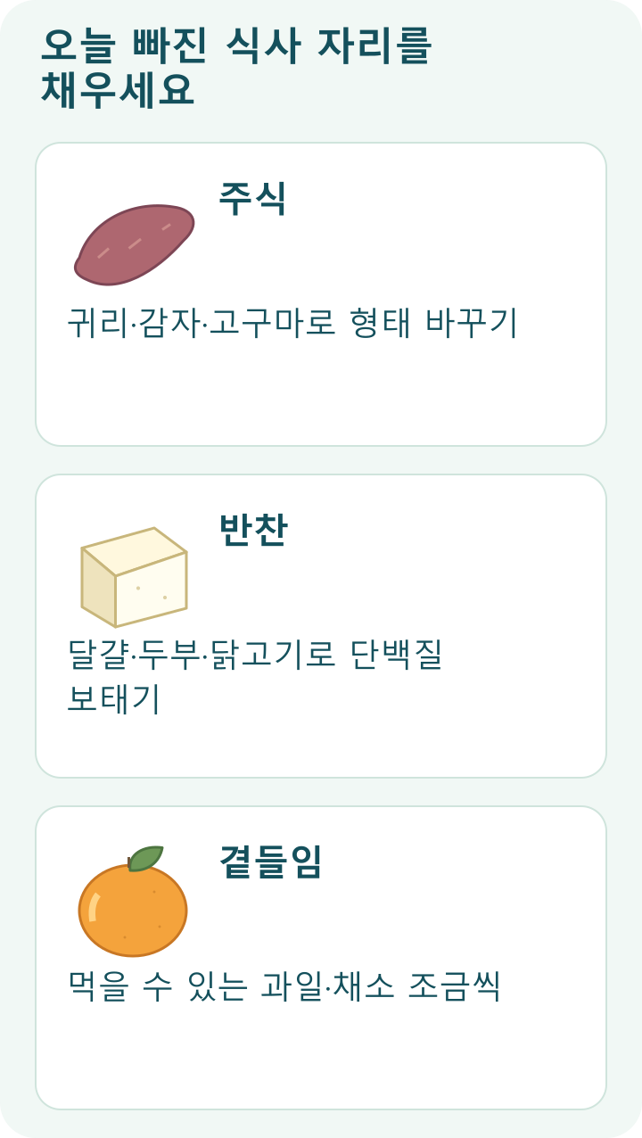 오늘 빠진 식사 자리를 채우세요; 주식: 귀리&middot;감자&middot;고구마로 형태 바꾸기; 반찬: 달걀&middot;두부&middot;닭고기로 단백질 보태기; 곁들임: 먹을 수 있는 과일&middot;채소 조금씩