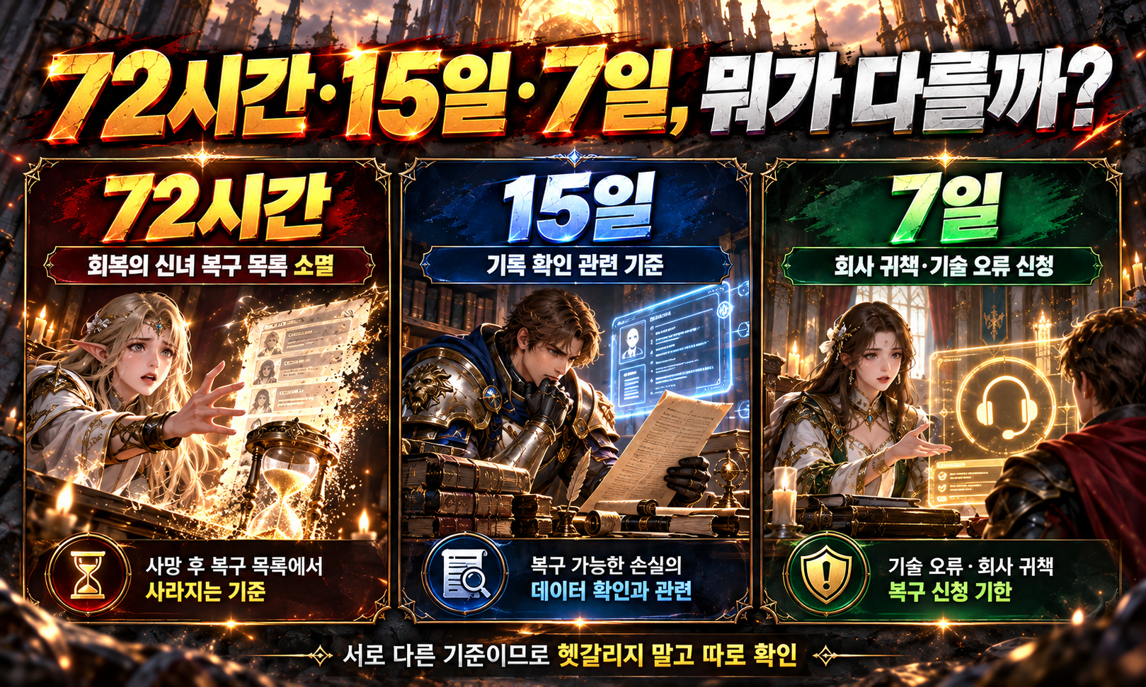 리니지M 사망 복구의 72시간 소멸 기준과 15일 기록 확인 기준, 회사 귀책&middot;기술 오류의 7일 신청 기한을 구분한 이미지