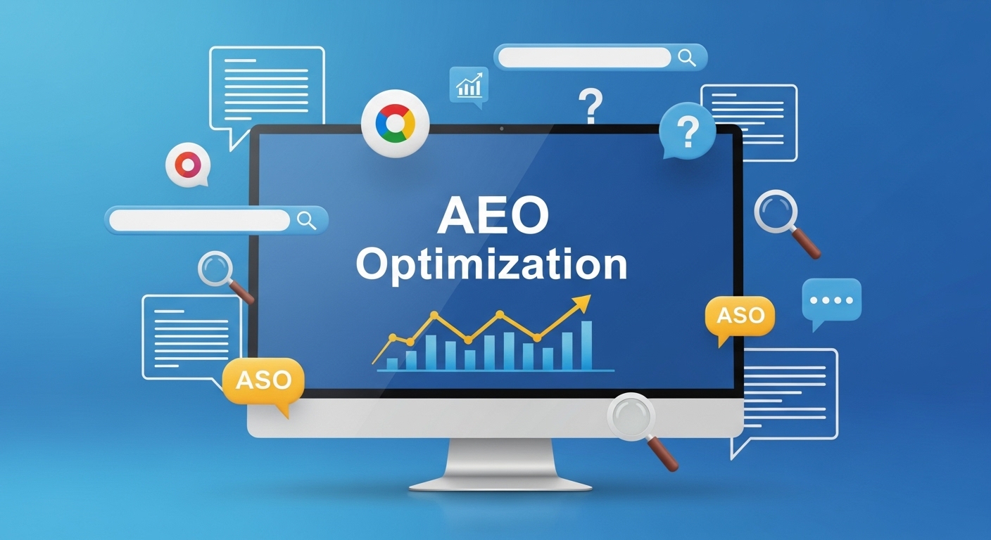 AEO 최적화로 블로그 트래픽이 2배 증가한 성과를 보여주는 그래프와 디지털 마케팅 요소들