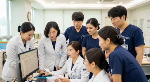 컴퓨터 화면에 평가표를 보는 직원