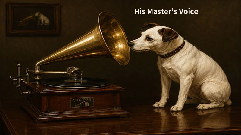 <img src="nipper-gramophone.jpg" alt="그 주인의 목소리 HMV 로고와 축음기 앞에서 고개를 갸우뚱거리는 강아지 니퍼">