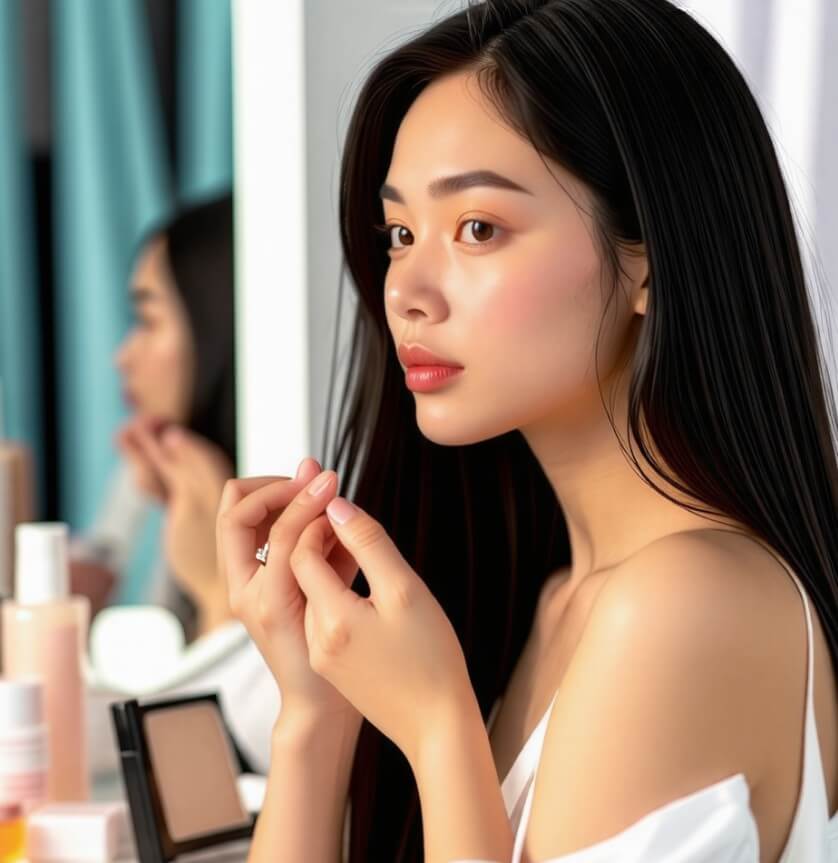 동양-여성이-화장대에-앉아서-화장하고-있는-사진입니다.