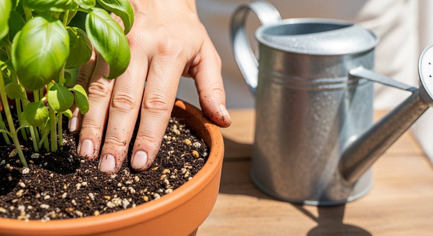 바질 화분 흙의 표면을 손가락으로 만져보며 수분 상태를 확인하는 정원사의 손. 옆에는 물뿌리개가 놓여있다.
