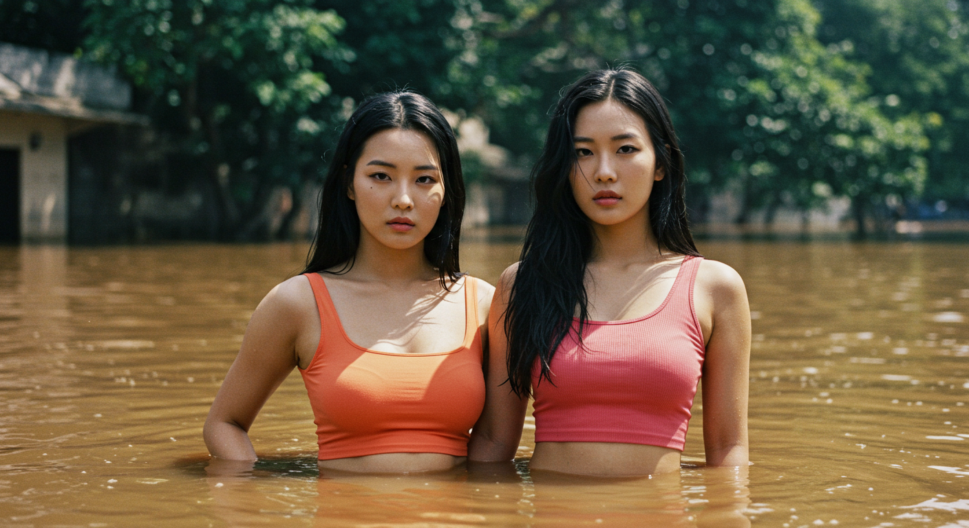 침수된 도로에 서있는 여자들