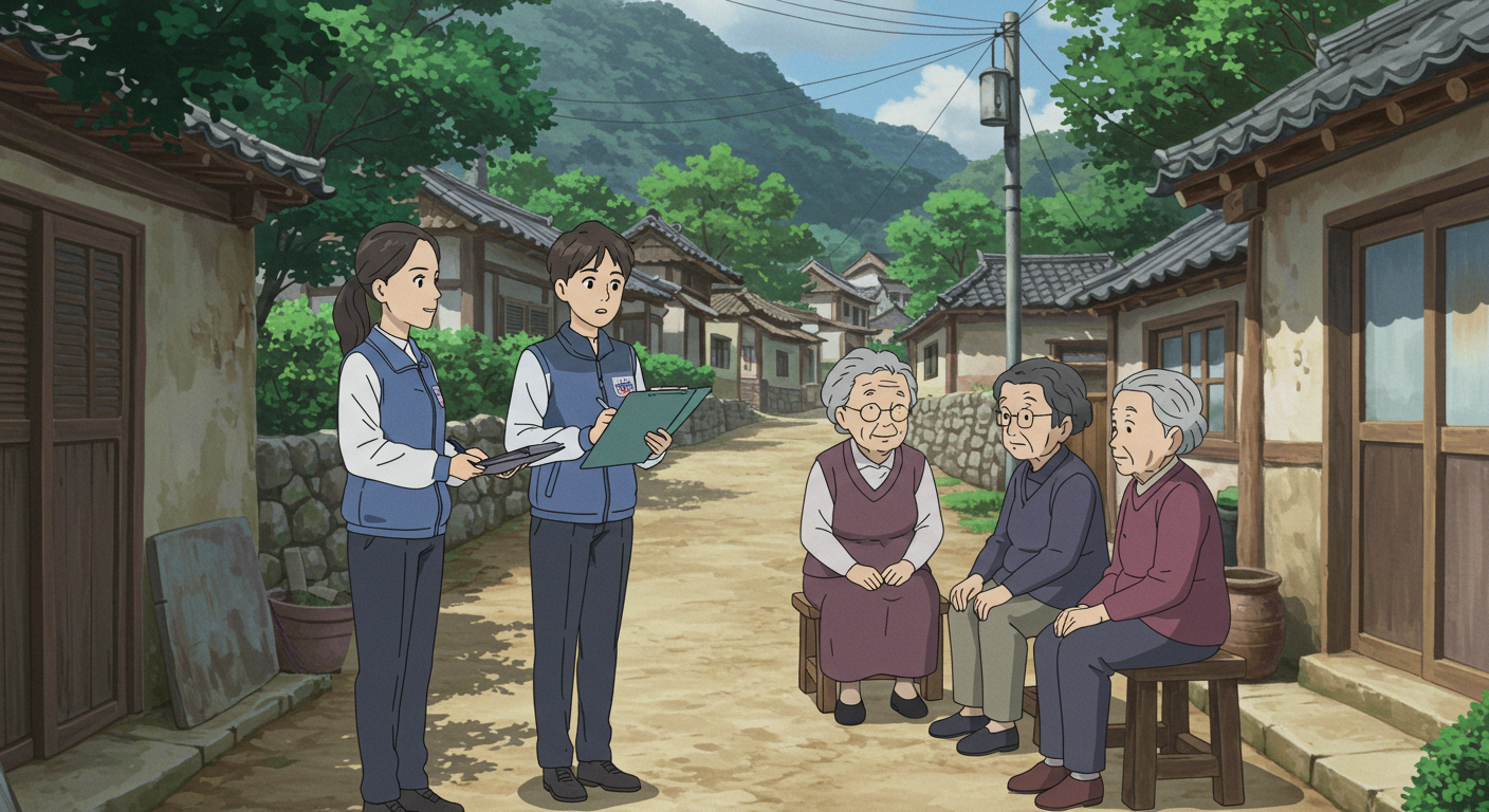 다세대 가정을 방문해 사실조사를 설명하는 공무원