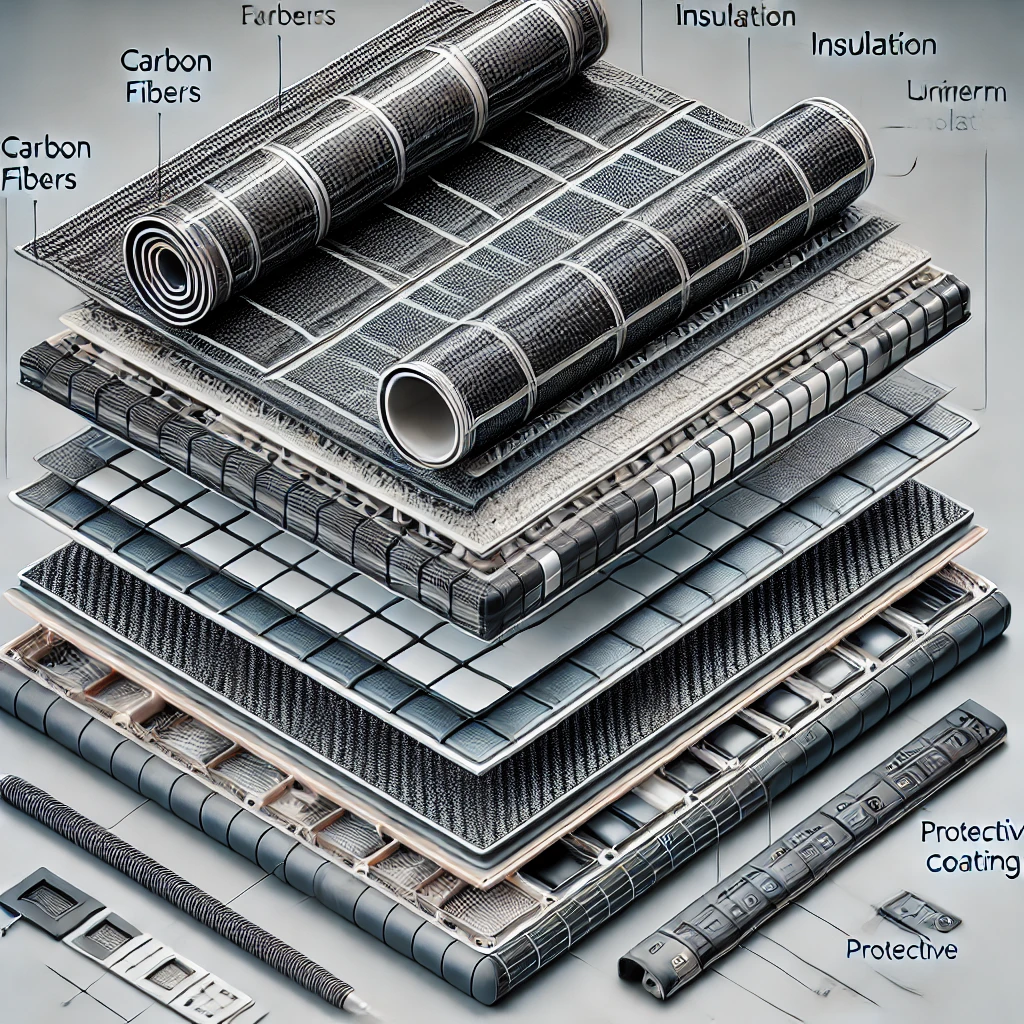 카본매트의 구조를 보여주는 단면도&amp;#44; 탄소섬유와 보호 레이어 강조