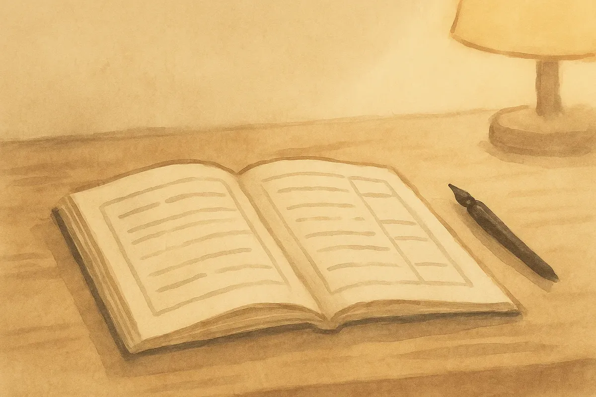 책상 위 펼친 책과 펜