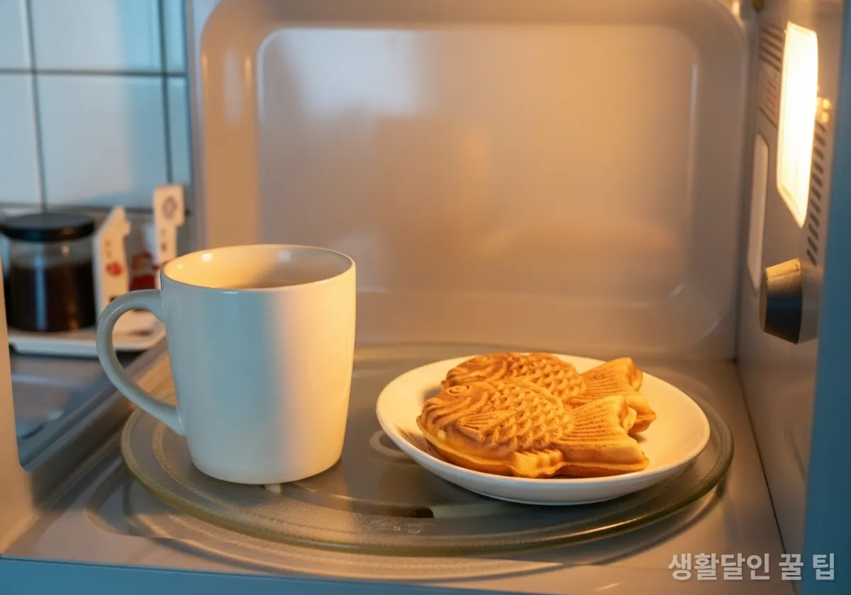 전자레인지 안에 물 한 컵과 붕어빵을 함께 넣고 조리하는 모습