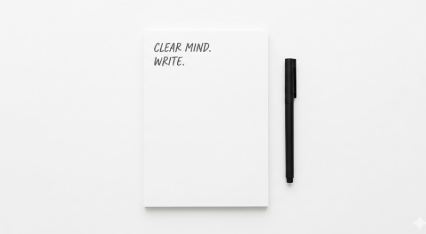 미니멀리즘 라이프를 실천하기 위해 깨끗한 책상 위 종이에 머릿속 잡념을 적어 내려가는 모습. '비우기'와 '종이 메모'의 중요성을 시각화함.