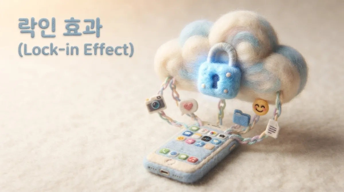 스마트폰에서 뻗어 나온 양모 실이 사진&middot;메시지&middot;폴더 모양 펠트 조각이 매달린 구름 속 자물쇠에 연결되어 데이터 축적으로 인한 락인 효과와 전환 비용을 표현한 이미지