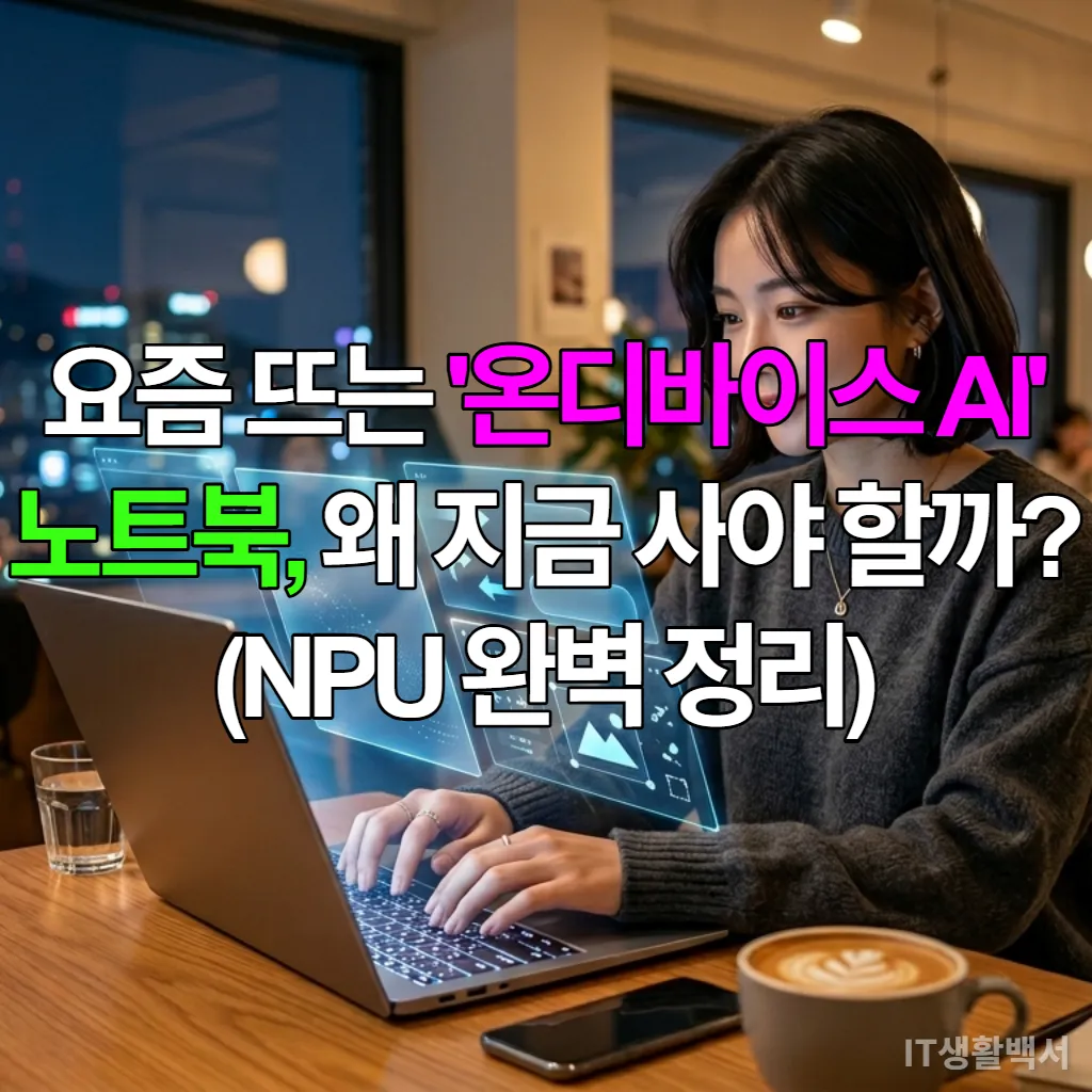 서울의 현대적인 카페에서 온디바이스 AI 노트북을 사용하여 생산적으로 작업하는 한국인 사용자