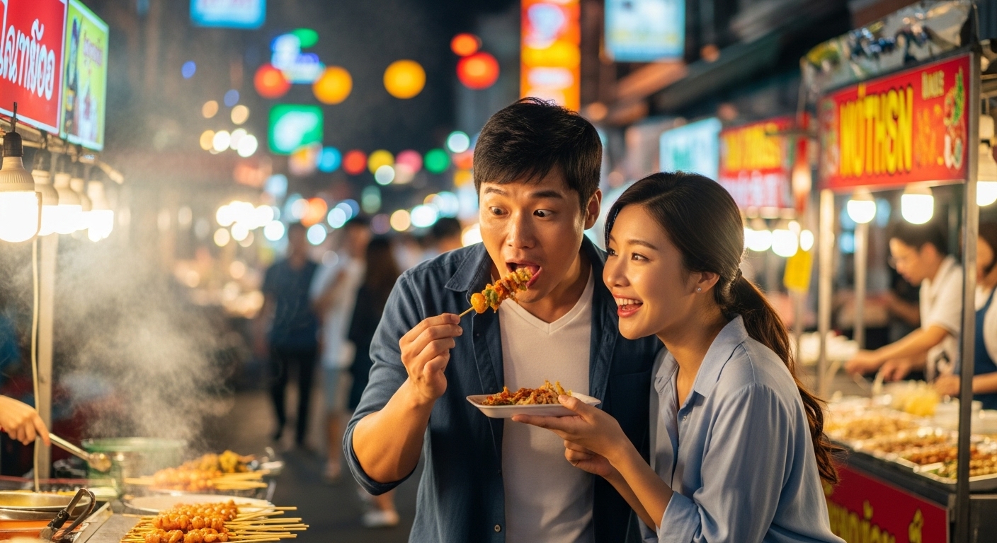 동남아시아 야시장에서 현지 음식을 즐기는 즐거운 한국인 신혼부부의 모습.