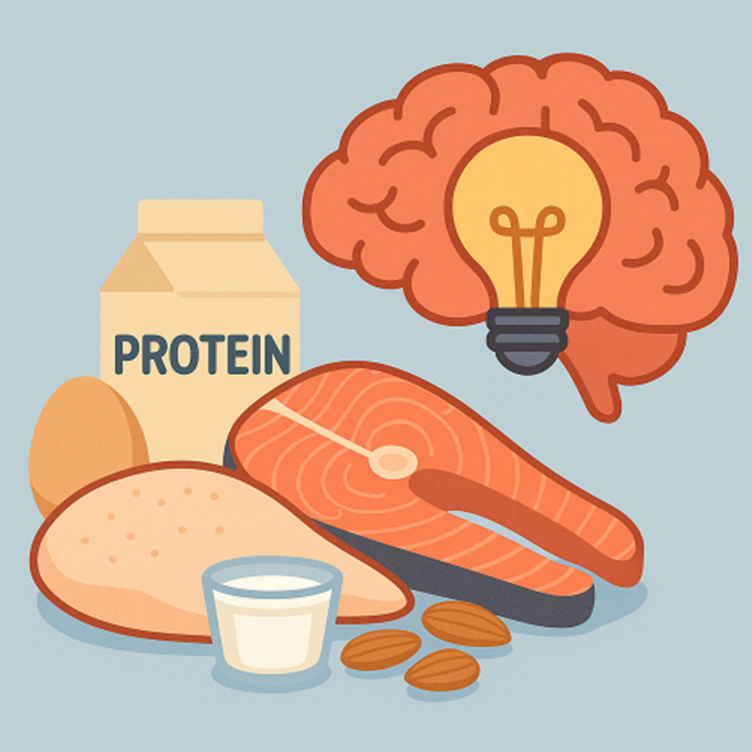 단백질 식품과 뇌 속 아이디어 전구를 형상화한 일러스트