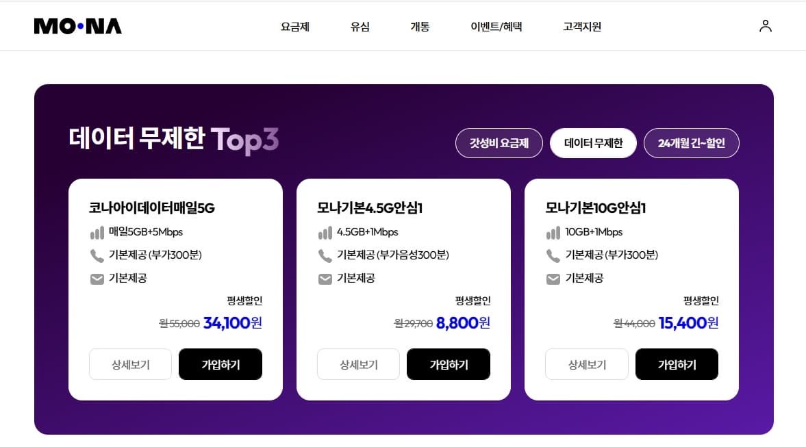 모나 알뜰폰 요금제 둘러보기