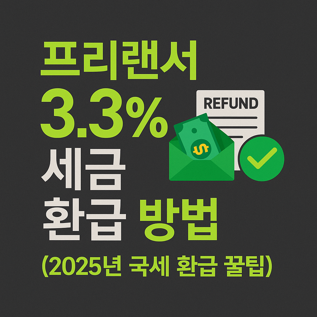 &ldquo;프리랜서 3.3% 세금 환급 방법 (2025년 국세 환급 꿀팁)&rdquo;이라는 문구가 강조된 썸네일 이미지. 어두운 배경에 형광 연두색과 흰색 텍스트가 배치되어 있고, 초록색 봉투에 돈이 들어 있는 그림과 &lsquo;REFUND&rsquo; 문서, 체크 표시 아이콘이 함께 구성되어 환급 개념을 직관적으로 시각화함.