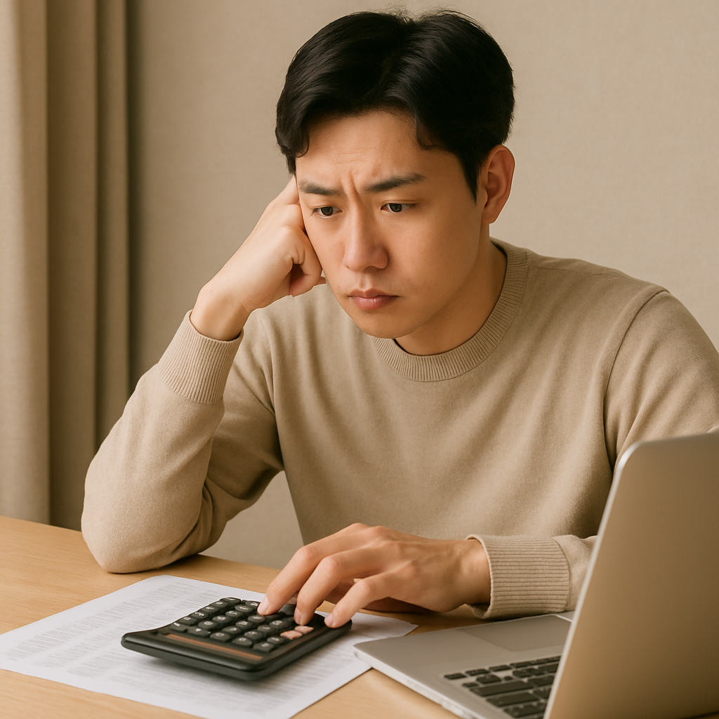 세금계산기를 보며 고민하는 직장인 사진