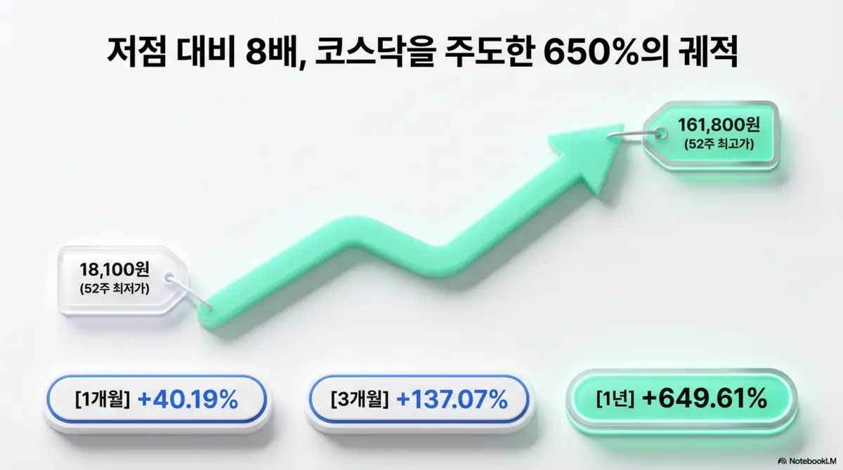 피에스케이 주가가 52주 최저가 18,100원에서 최고가 161,800원으로 오른 상승 궤적을 화살표 그래프로 보여주는 이미지. 1개월 40.19퍼센트, 3개월 137.07퍼센트, 1년 649.61퍼센트 수익률을 함께 표시하며, 블로그의 피에스케이 주가 급등 흐름 분석과 관련된 내용을 설명함